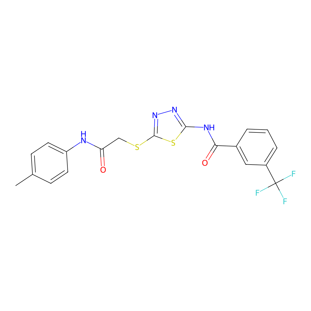 N-(5-((2-oxo-2-(p-tolylamino)ethyl)thio)-1,3,4-thiadiazol-2-yl)-3-(trifluoromethyl)benzamide molecular structure, CAS 392291-59-7