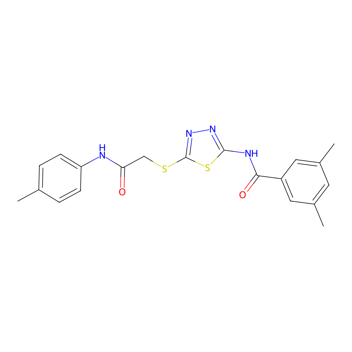 3,5-dimethyl-N-(5-((2-oxo-2-(p-tolylamino)ethyl)thio)-1,3,4-thiadiazol-2-yl)benzamide molecular structure, CAS 392291-68-8