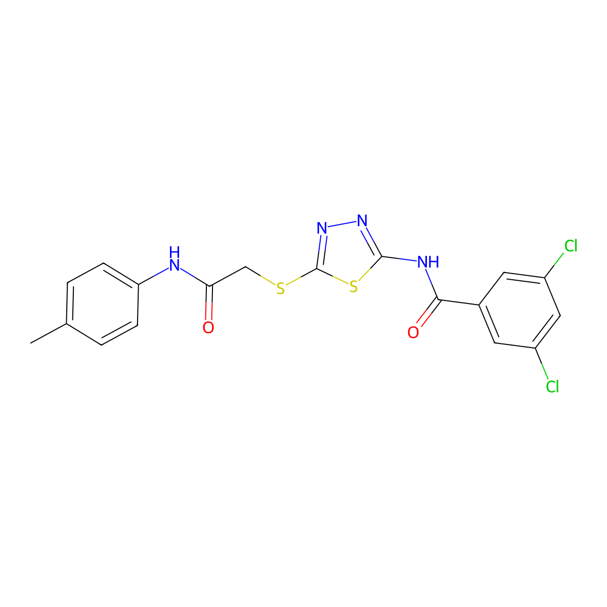3,5-dichloro-N-(5-((2-oxo-2-(p-tolylamino)ethyl)thio)-1,3,4-thiadiazol-2-yl)benzamide molecular structure, CAS 392291-70-2