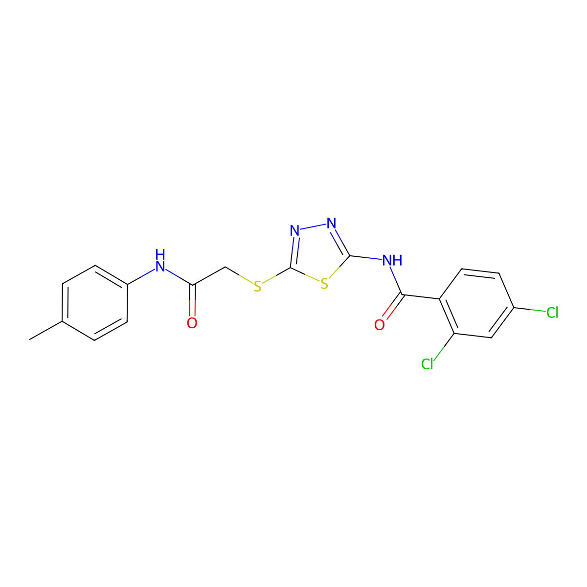 2,4-dichloro-N-(5-((2-oxo-2-(p-tolylamino)ethyl)thio)-1,3,4-thiadiazol-2-yl)benzamide molecular structure, CAS 392291-72-4