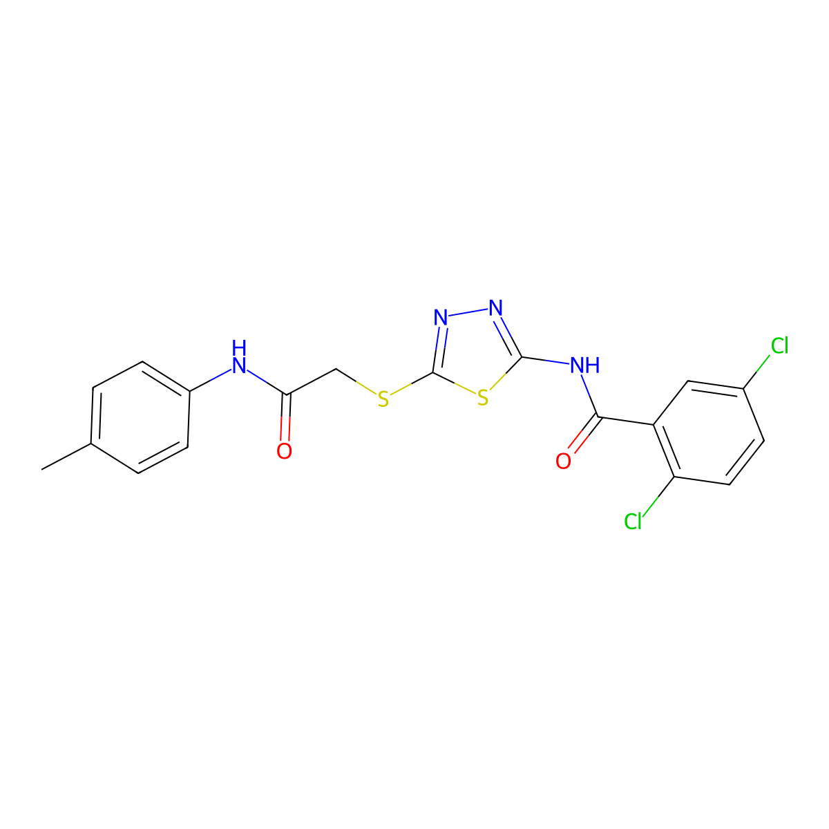 2,5-dichloro-N-(5-((2-oxo-2-(p-tolylamino)ethyl)thio)-1,3,4-thiadiazol-2-yl)benzamide molecular structure, CAS 392291-73-5