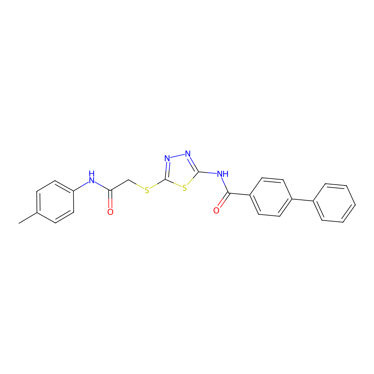 N-(5-((2-oxo-2-(p-tolylamino)ethyl)thio)-1,3,4-thiadiazol-2-yl)-[1,1'-biphenyl]-4-carboxamide molecular structure, CAS 392291-79-1