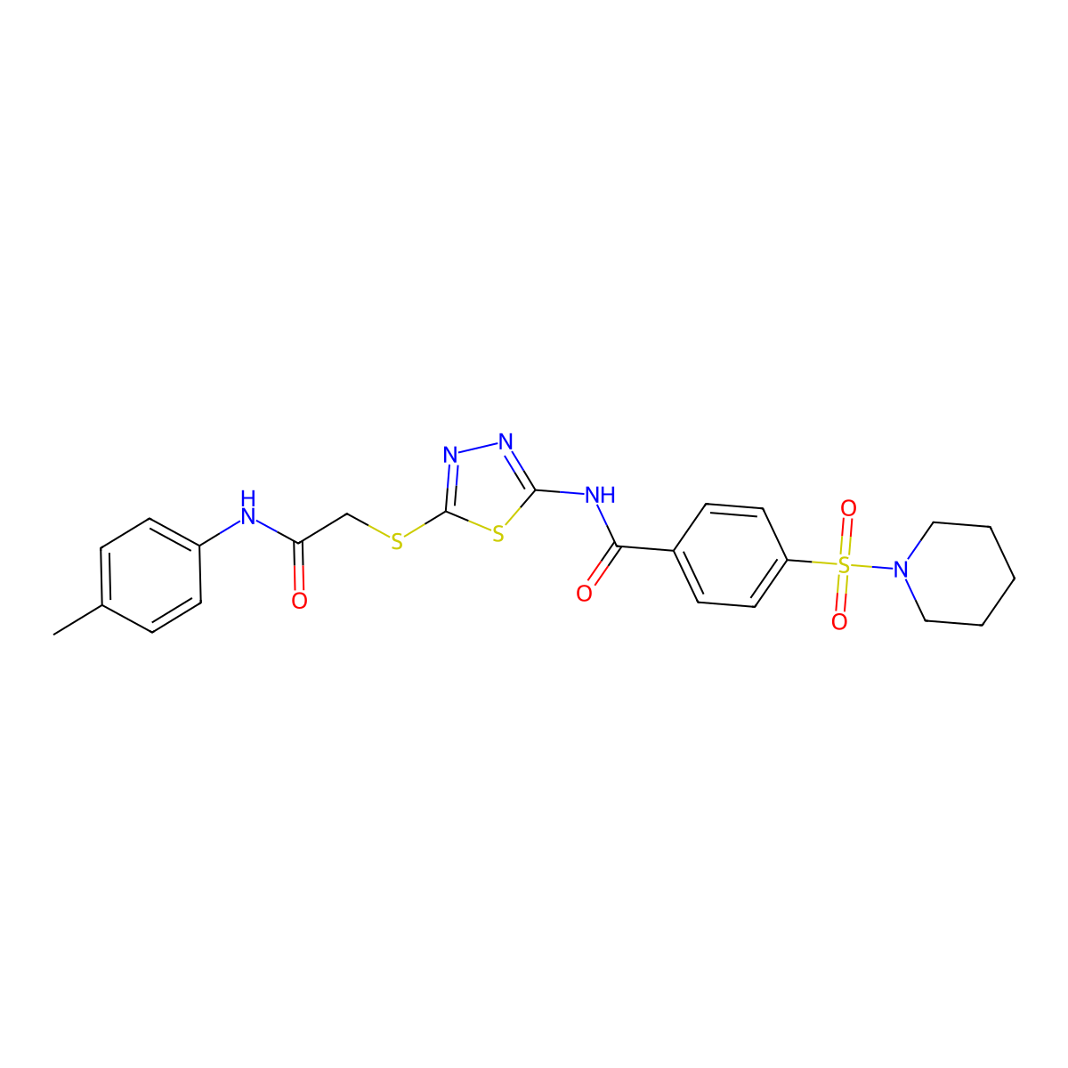 N-(5-((2-oxo-2-(p-tolylamino)ethyl)thio)-1,3,4-thiadiazol-2-yl)-4-(piperidin-1-ylsulfonyl)benzamide molecular structure, CAS 392291-82-6