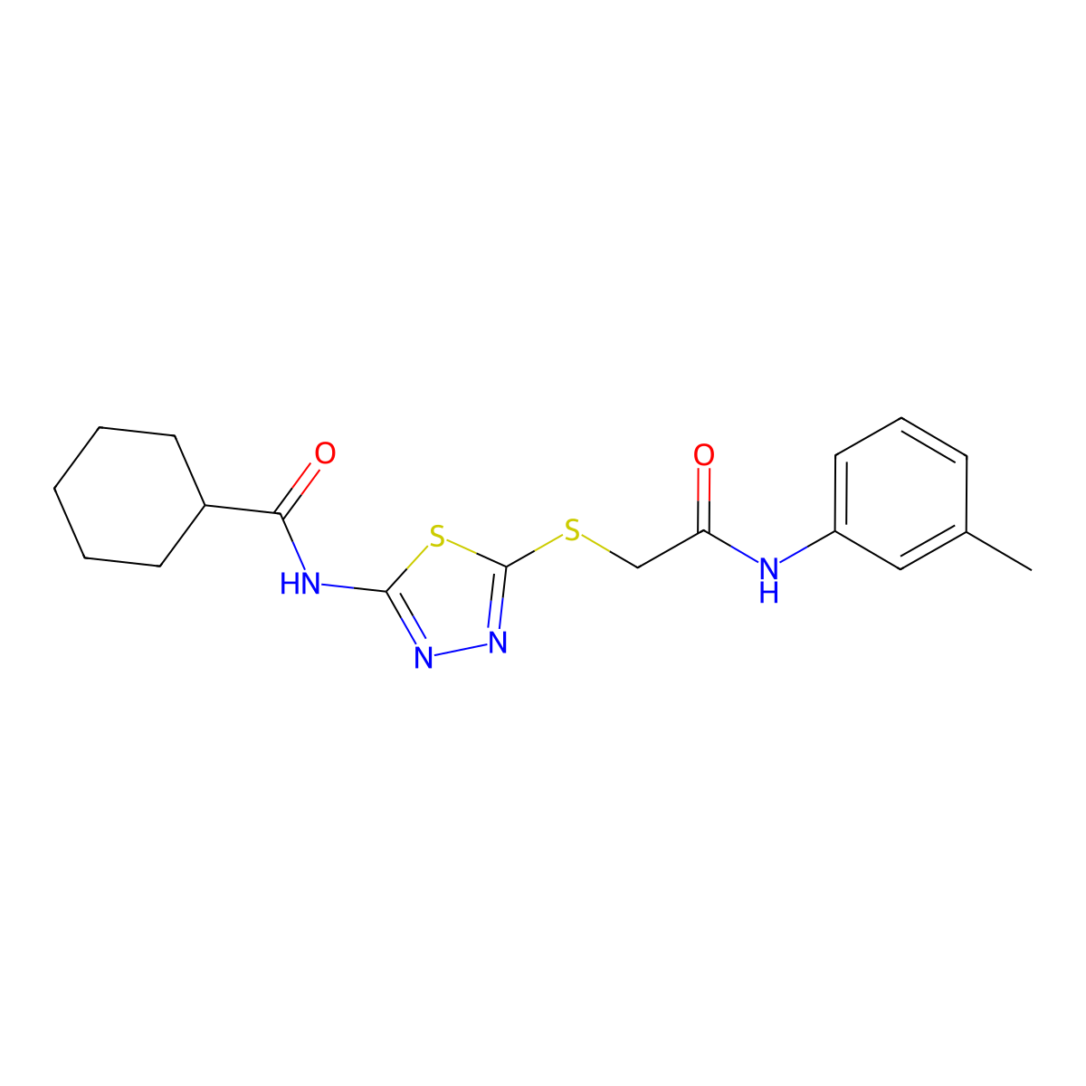 N-(5-((2-oxo-2-(m-tolylamino)ethyl)thio)-1,3,4-thiadiazol-2-yl)cyclohexanecarboxamide molecular structure, CAS 392292-04-5