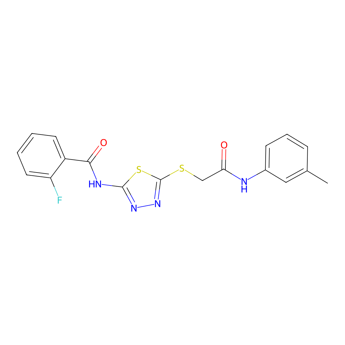 2-fluoro-N-(5-((2-oxo-2-(m-tolylamino)ethyl)thio)-1,3,4-thiadiazol-2-yl)benzamide molecular structure, CAS 392292-21-6