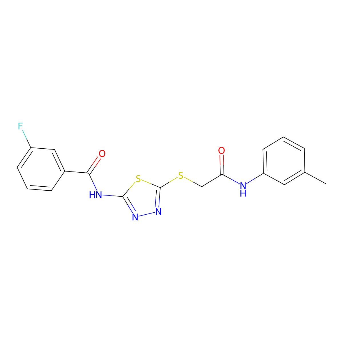 3-fluoro-N-(5-((2-oxo-2-(m-tolylamino)ethyl)thio)-1,3,4-thiadiazol-2-yl)benzamide molecular structure, CAS 392292-22-7