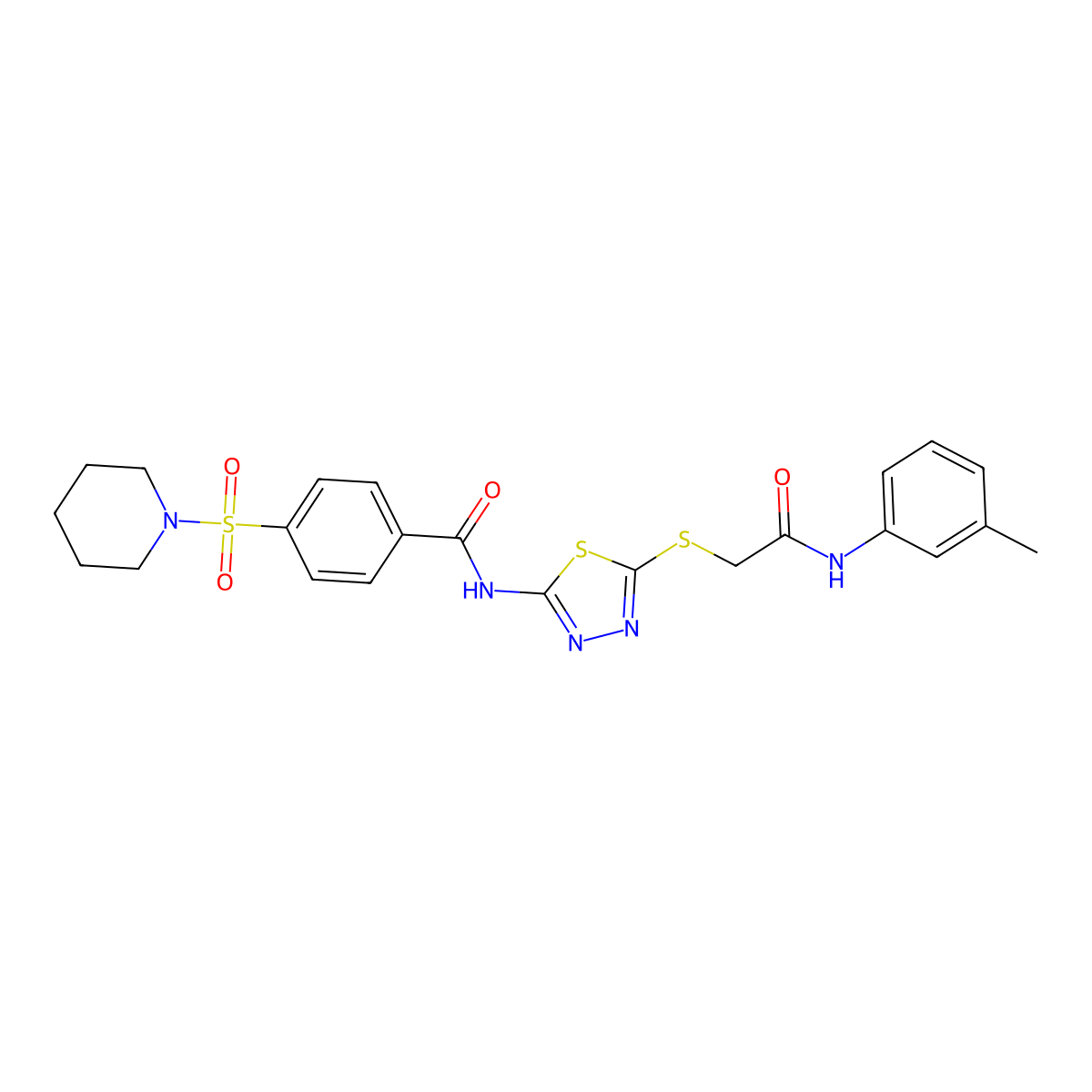 N-(5-((2-oxo-2-(m-tolylamino)ethyl)thio)-1,3,4-thiadiazol-2-yl)-4-(piperidin-1-ylsulfonyl)benzamide molecular structure, CAS 392292-42-1