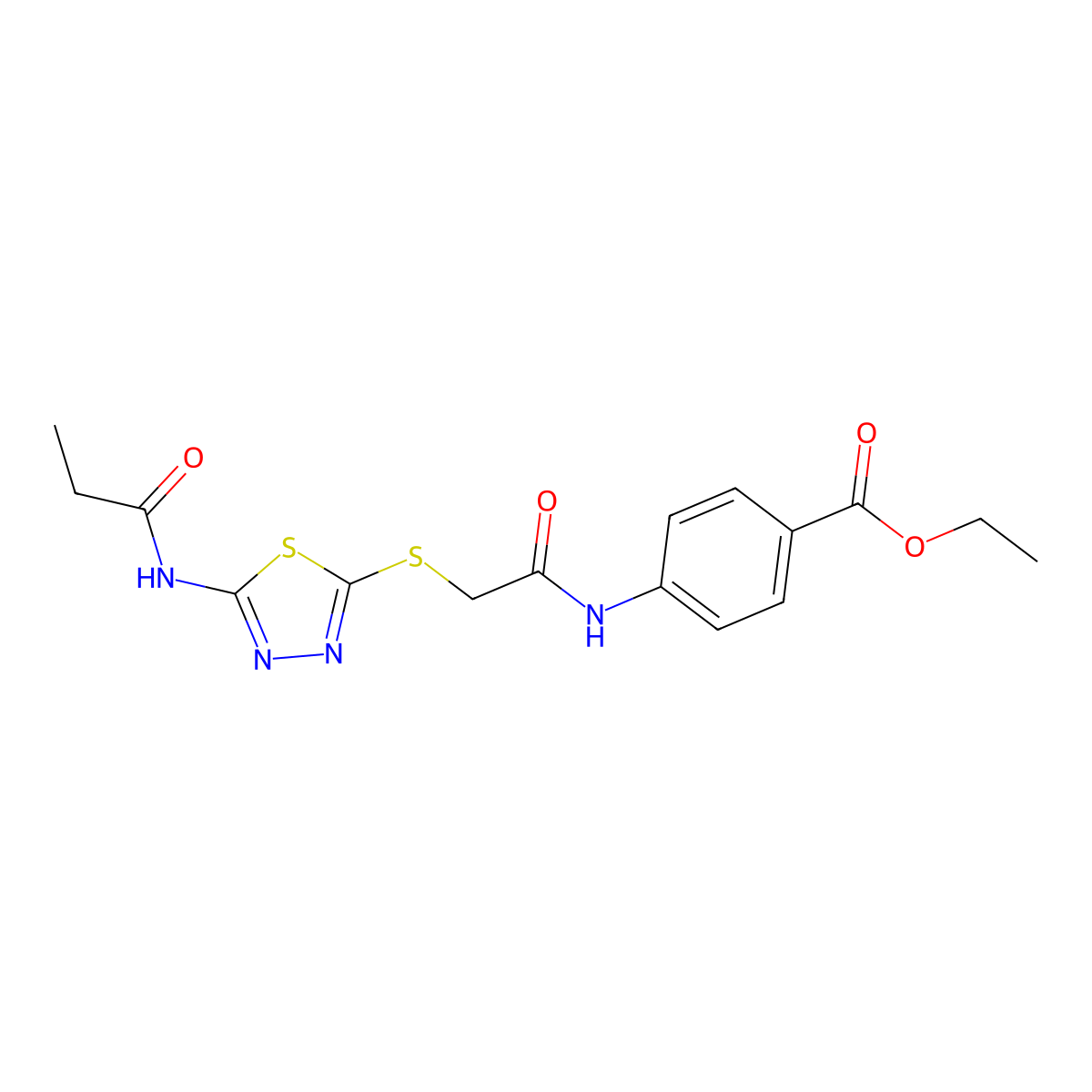 Ethyl 4-(2-((5-propionamido-1,3,4-thiadiazol-2-yl)thio)acetamido)benzoate molecular structure, CAS 392292-48-7