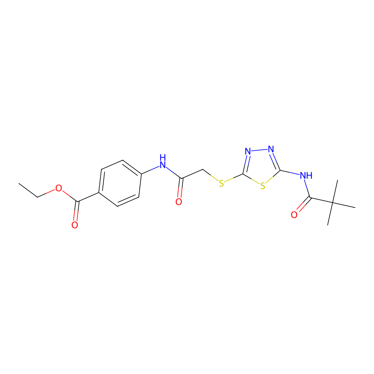 Ethyl 4-[[2-[[5-(2,2-dimethylpropanoylamino)-1,3,4-thiadiazol-2-yl]sulfanyl]acetyl]amino]benzoate molecular structure, CAS 392292-49-8