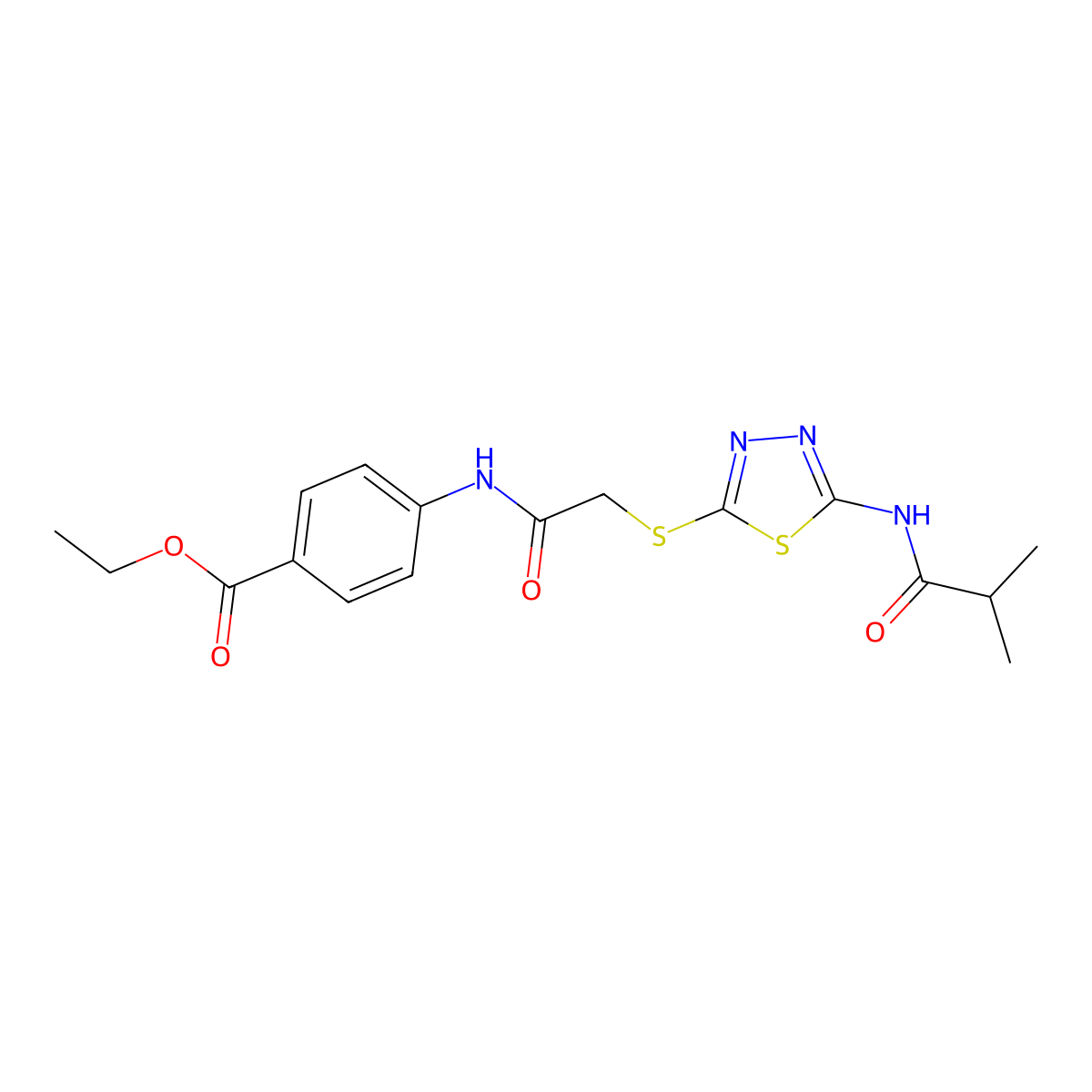 Ethyl 4-(2-((5-isobutyramido-1,3,4-thiadiazol-2-yl)thio)acetamido)benzoate molecular structure, CAS 392292-50-1