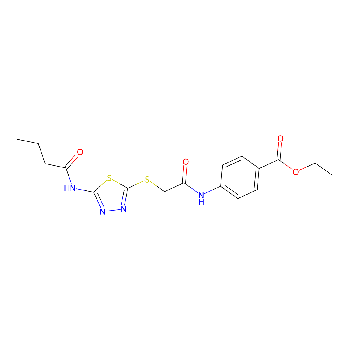 Ethyl 4-(2-((5-butyramido-1,3,4-thiadiazol-2-yl)thio)acetamido)benzoate molecular structure, CAS 392292-51-2