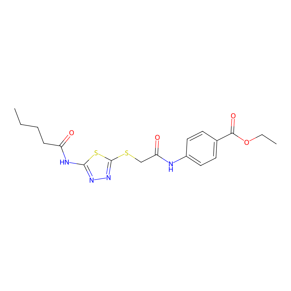 Ethyl 4-[[2-[[5-(pentanoylamino)-1,3,4-thiadiazol-2-yl]sulfanyl]acetyl]amino]benzoate molecular structure, CAS 392292-99-8