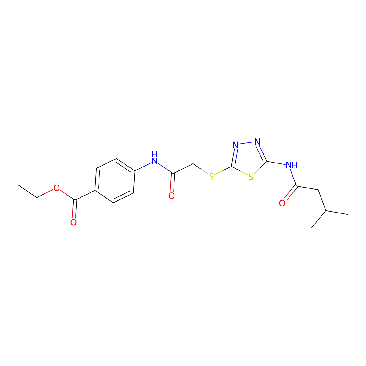 Ethyl 4-(2-((5-(3-methylbutanamido)-1,3,4-thiadiazol-2-yl)thio)acetamido)benzoate molecular structure, CAS 392293-00-4