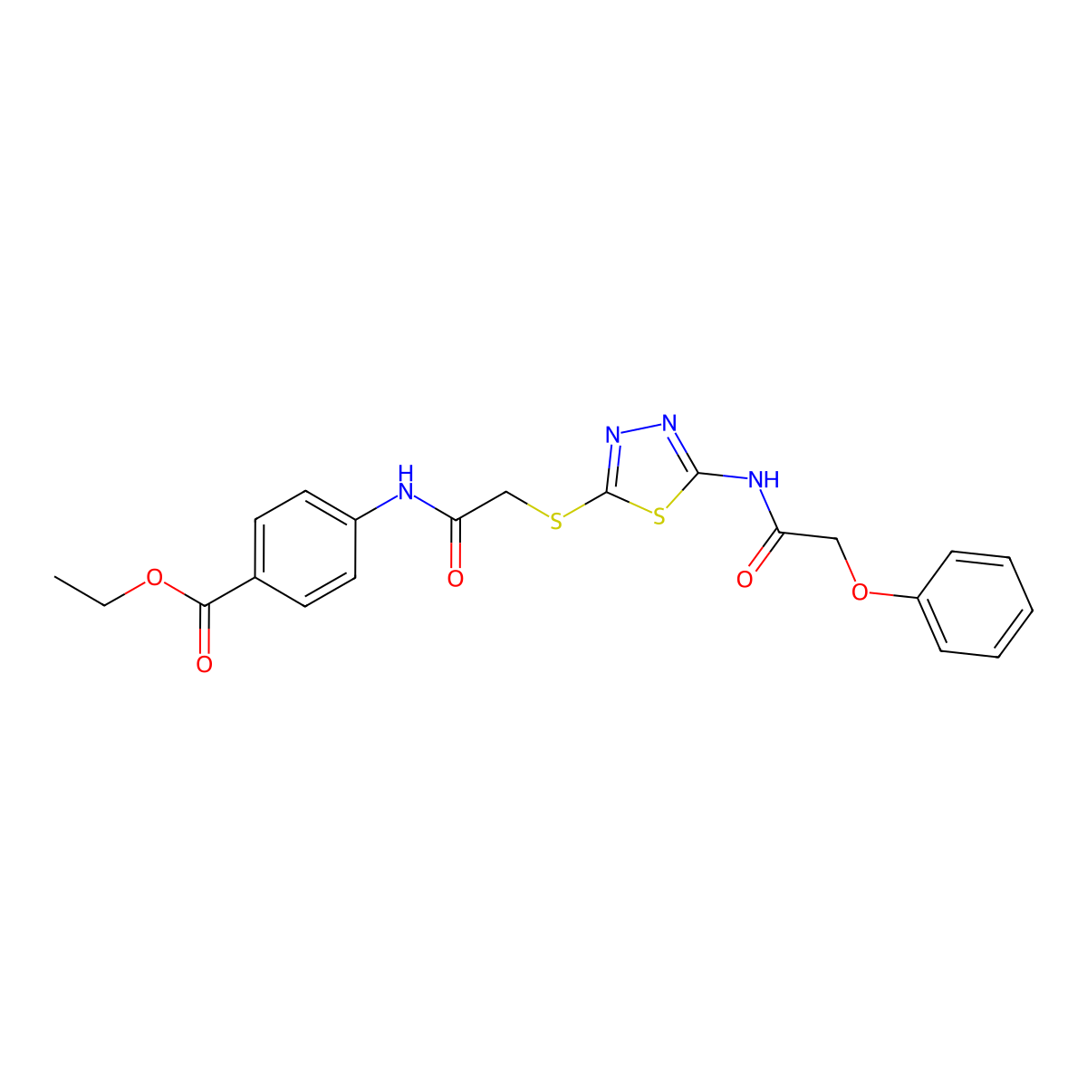Ethyl 4-(2-((5-(2-phenoxyacetamido)-1,3,4-thiadiazol-2-yl)thio)acetamido)benzoate molecular structure, CAS 392293-01-5