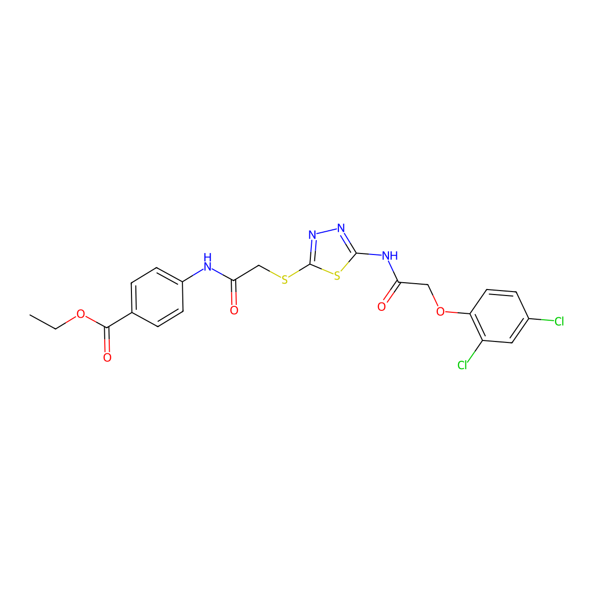 Ethyl 4-(2-((5-(2-(2,4-dichlorophenoxy)acetamido)-1,3,4-thiadiazol-2-yl)thio)acetamido)benzoate molecular structure, CAS 392293-02-6