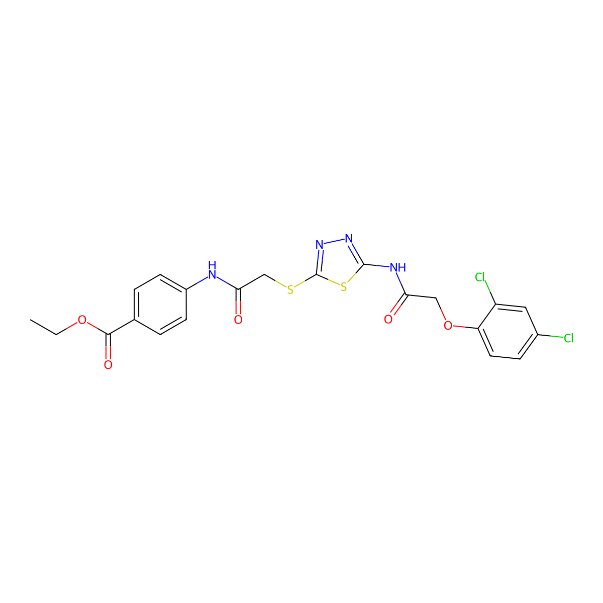 Ethyl 4-(2-((5-(2-(2,4-dichlorophenoxy)acetamido)-1,3,4-thiadiazol-2-yl)thio)acetamido)benzoate molecular structure, CAS 392293-02-6