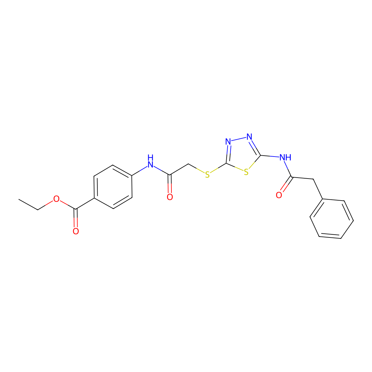 Ethyl 4-[[2-[[5-[(2-phenylacetyl)amino]-1,3,4-thiadiazol-2-yl]sulfanyl]acetyl]amino]benzoate molecular structure, CAS 392293-03-7