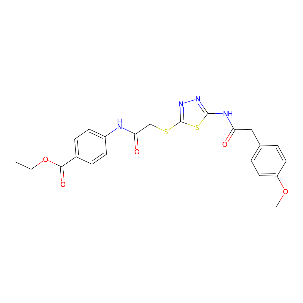 Ethyl 4-(2-((5-(2-(4-methoxyphenyl)acetamido)-1,3,4-thiadiazol-2-yl)thio)acetamido)benzoate molecular structure, CAS 392293-04-8
