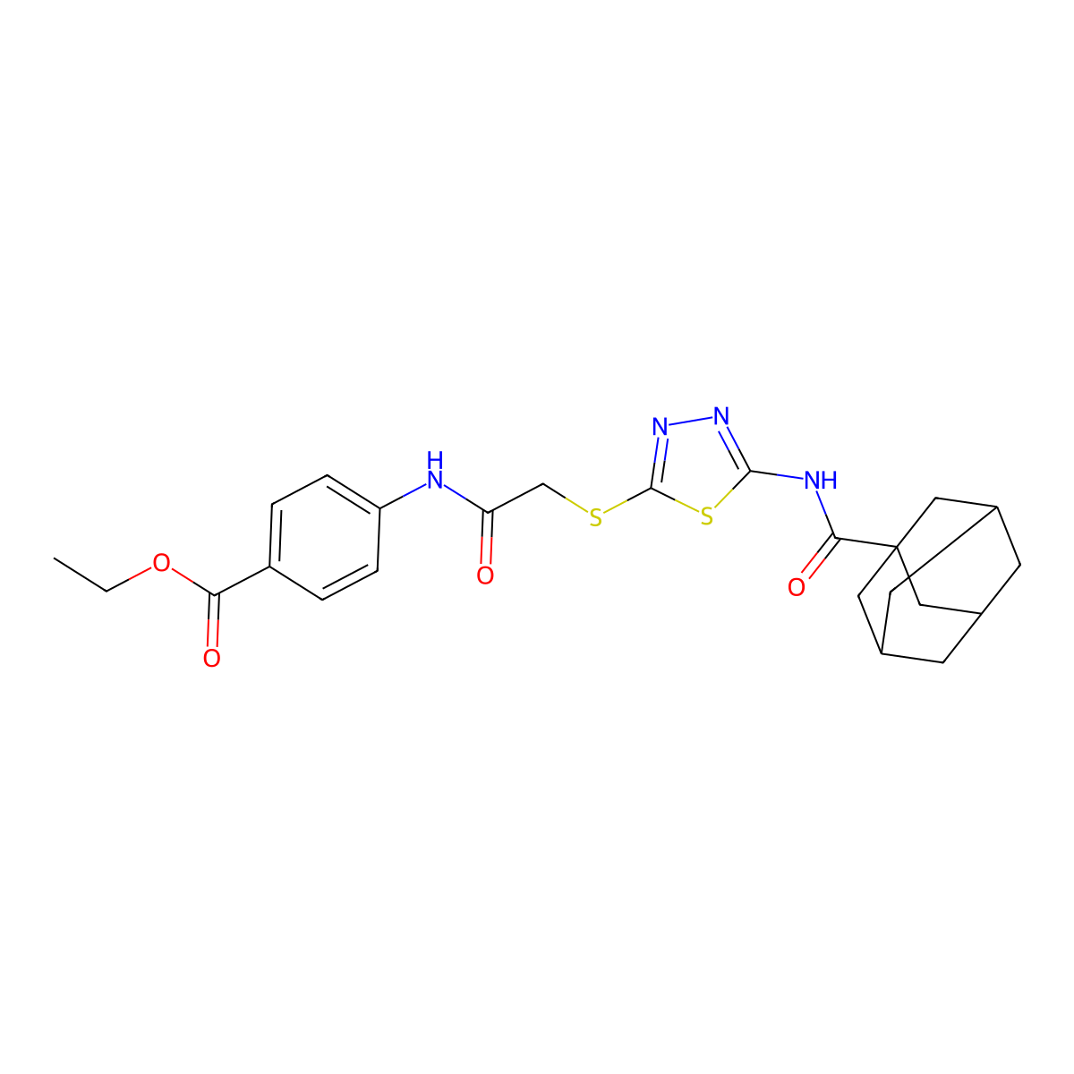 Ethyl 4-[[2-[[5-(adamantane-1-carbonylamino)-1,3,4-thiadiazol-2-yl]sulfanyl]acetyl]amino]benzoate molecular structure, CAS 392293-06-0