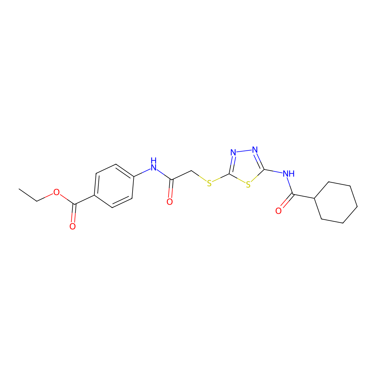 Ethyl 4-[[2-[[5-(cyclohexanecarbonylamino)-1,3,4-thiadiazol-2-yl]sulfanyl]acetyl]amino]benzoate molecular structure, CAS 392293-07-1