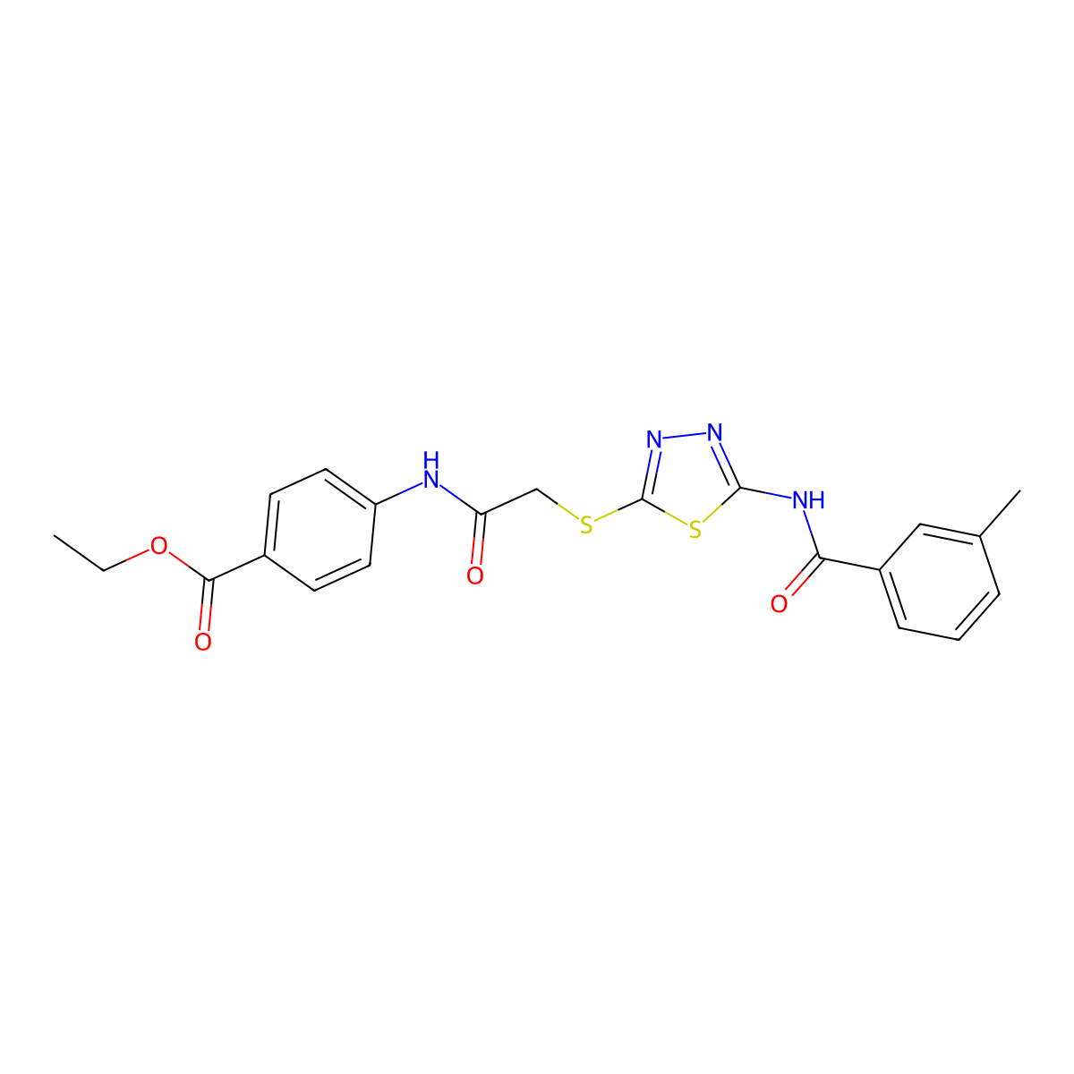 Ethyl 4-(2-((5-(3-methylbenzamido)-1,3,4-thiadiazol-2-yl)thio)acetamido)benzoate molecular structure, CAS 392293-09-3
