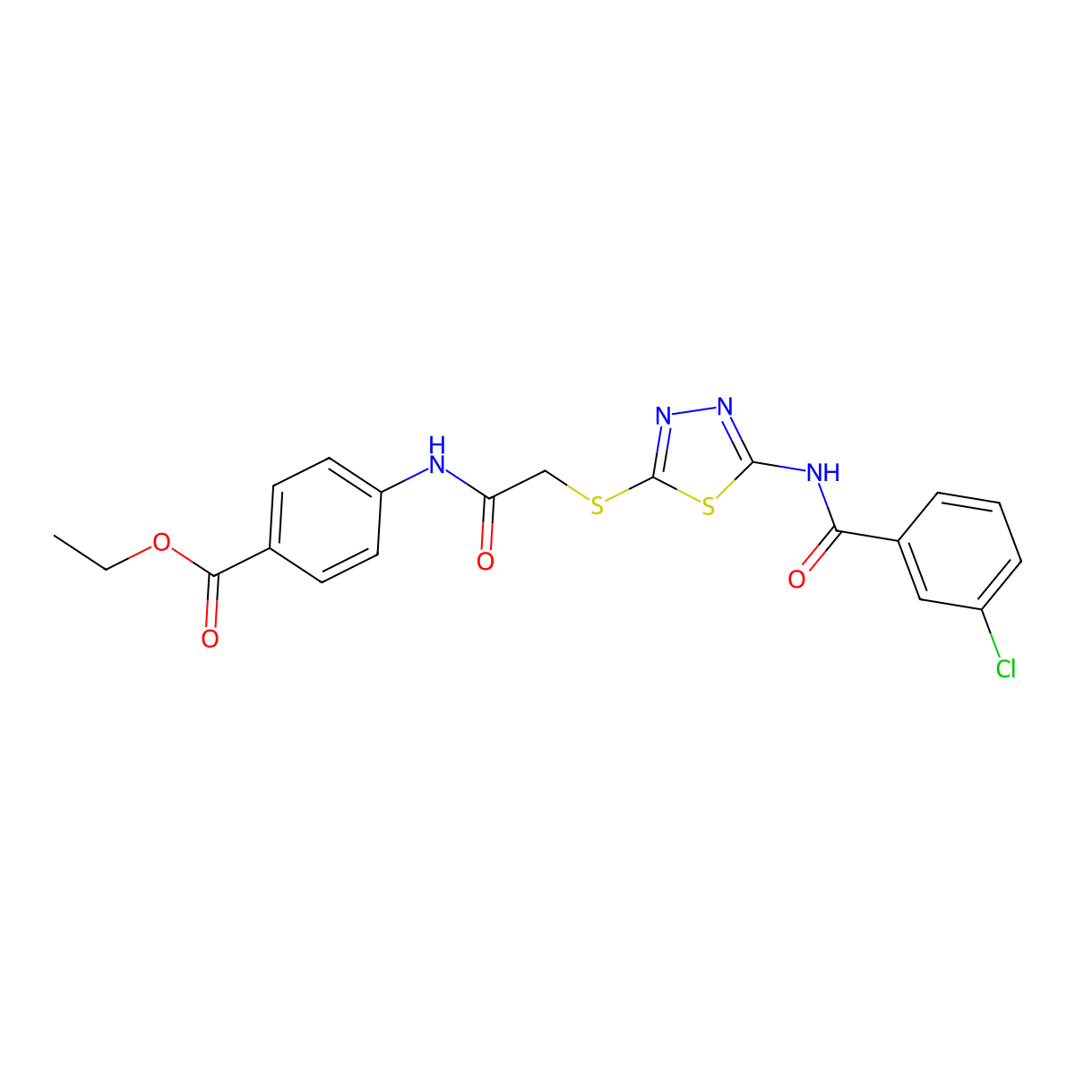 Ethyl 4-[[2-[[5-[(3-chlorobenzoyl)amino]-1,3,4-thiadiazol-2-yl]sulfanyl]acetyl]amino]benzoate molecular structure, CAS 392293-12-8