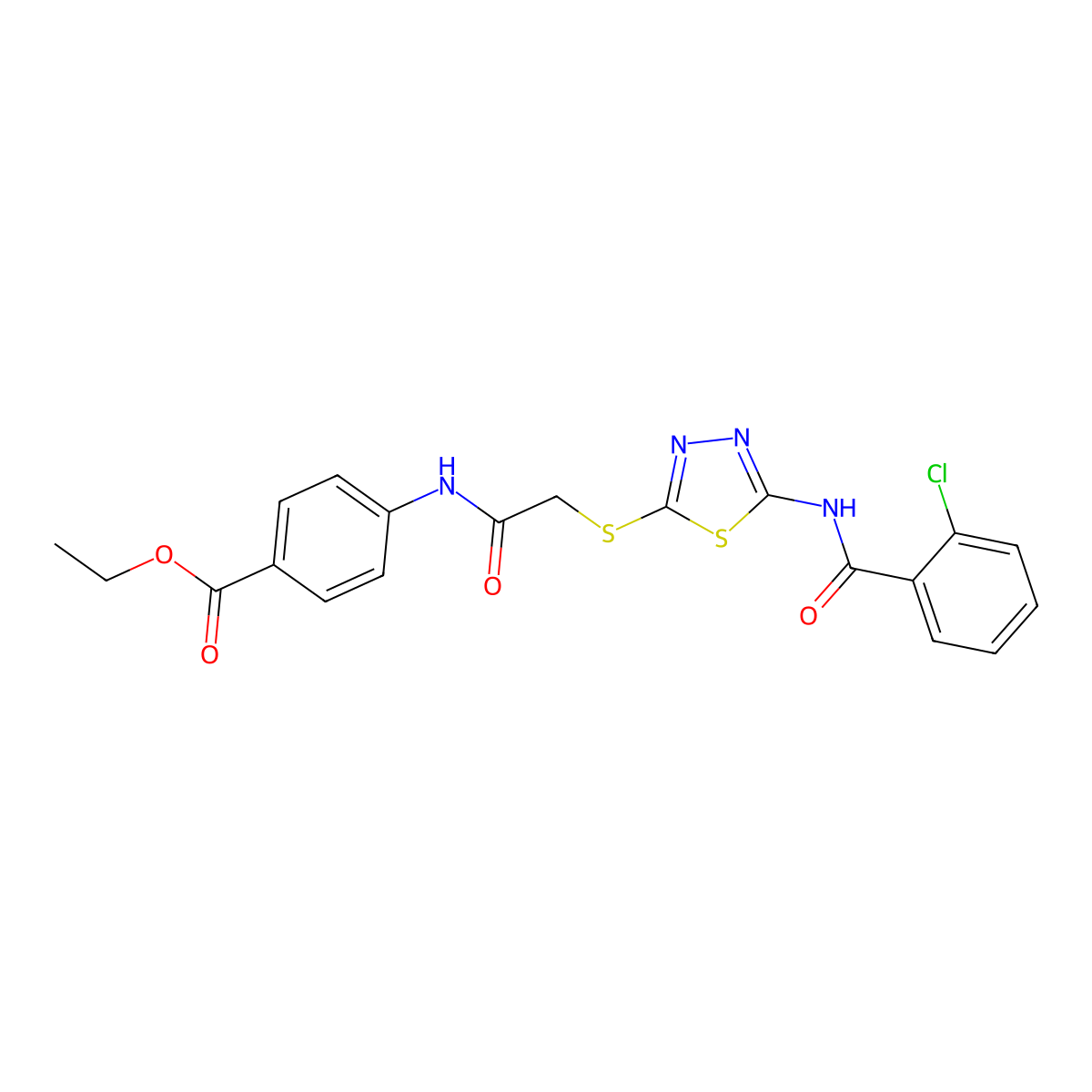Ethyl 4-[[2-[[5-[(2-chlorobenzoyl)amino]-1,3,4-thiadiazol-2-yl]sulfanyl]acetyl]amino]benzoate molecular structure, CAS 392293-13-9