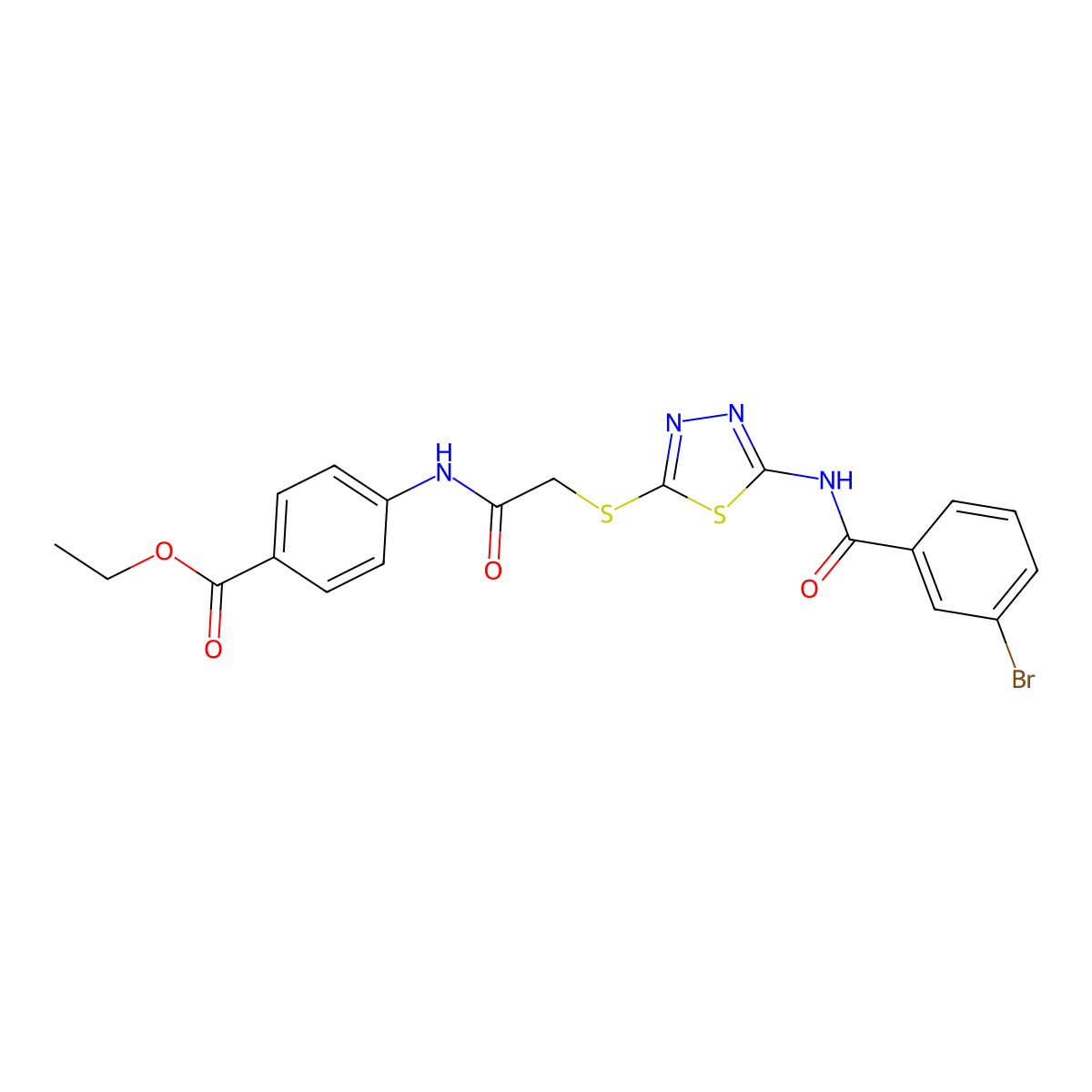 Ethyl 4-(2-((5-(3-bromobenzamido)-1,3,4-thiadiazol-2-yl)thio)acetamido)benzoate molecular structure, CAS 392293-15-1