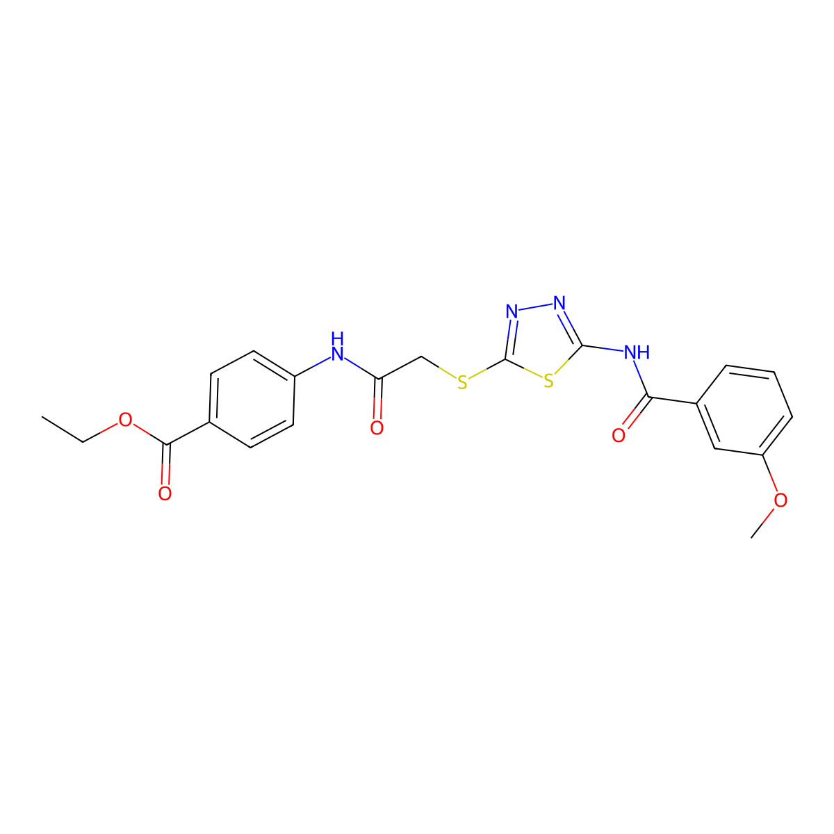 Ethyl 4-[[2-[[5-[(3-methoxybenzoyl)amino]-1,3,4-thiadiazol-2-yl]sulfanyl]acetyl]amino]benzoate molecular structure, CAS 392293-18-4