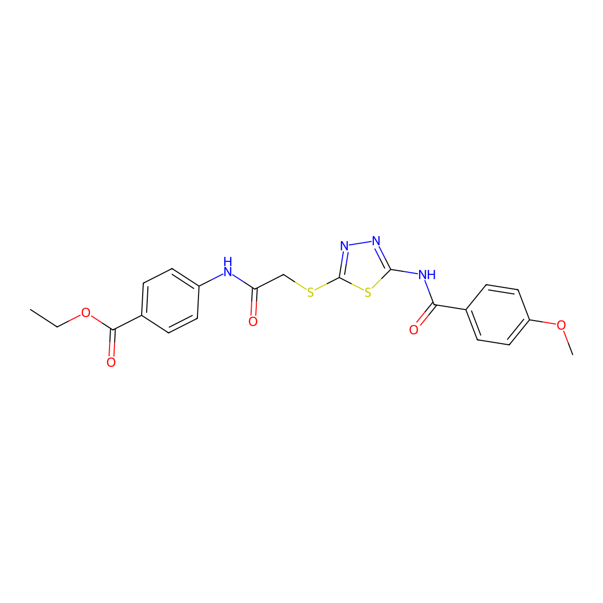 Ethyl 4-[[2-[[5-[(4-methoxybenzoyl)amino]-1,3,4-thiadiazol-2-yl]sulfanyl]acetyl]amino]benzoate molecular structure, CAS 392293-19-5