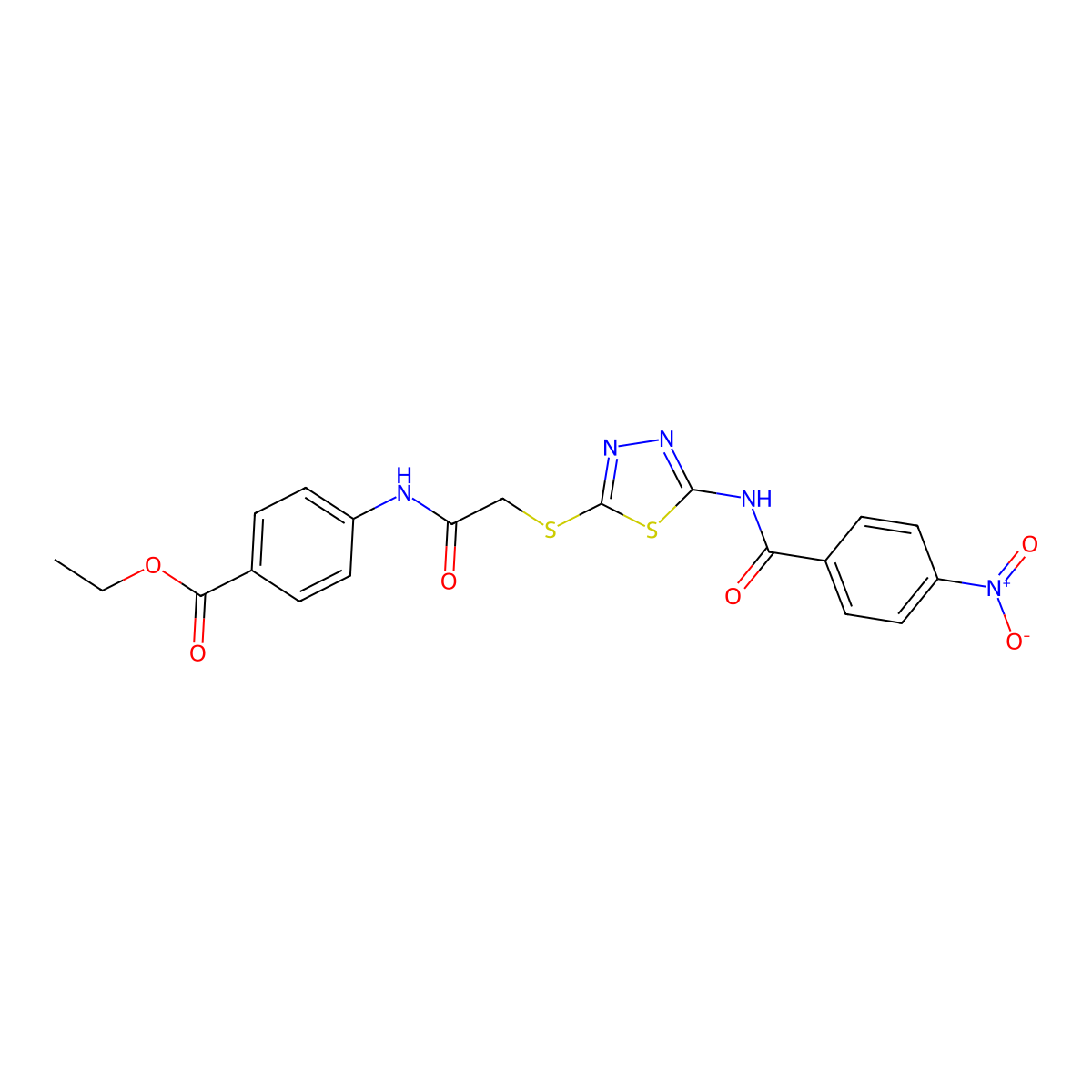 Ethyl 4-[[2-[[5-[(4-nitrobenzoyl)amino]-1,3,4-thiadiazol-2-yl]sulfanyl]acetyl]amino]benzoate molecular structure, CAS 392293-21-9