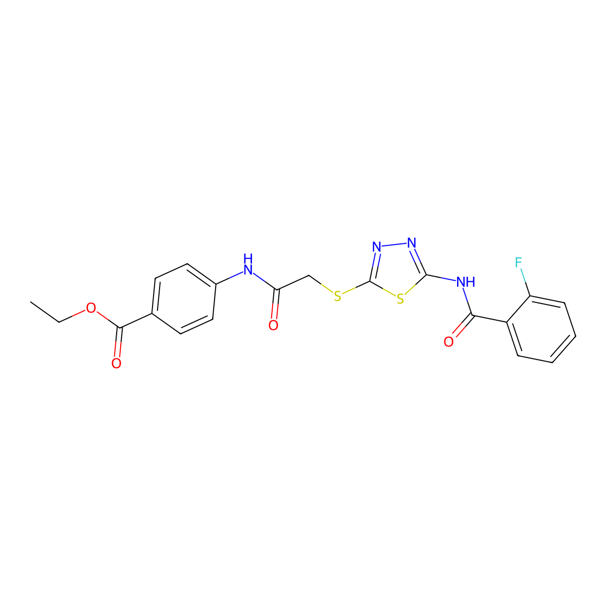 Ethyl 4-(2-((5-(2-fluorobenzamido)-1,3,4-thiadiazol-2-yl)thio)acetamido)benzoate molecular structure, CAS 392293-22-0