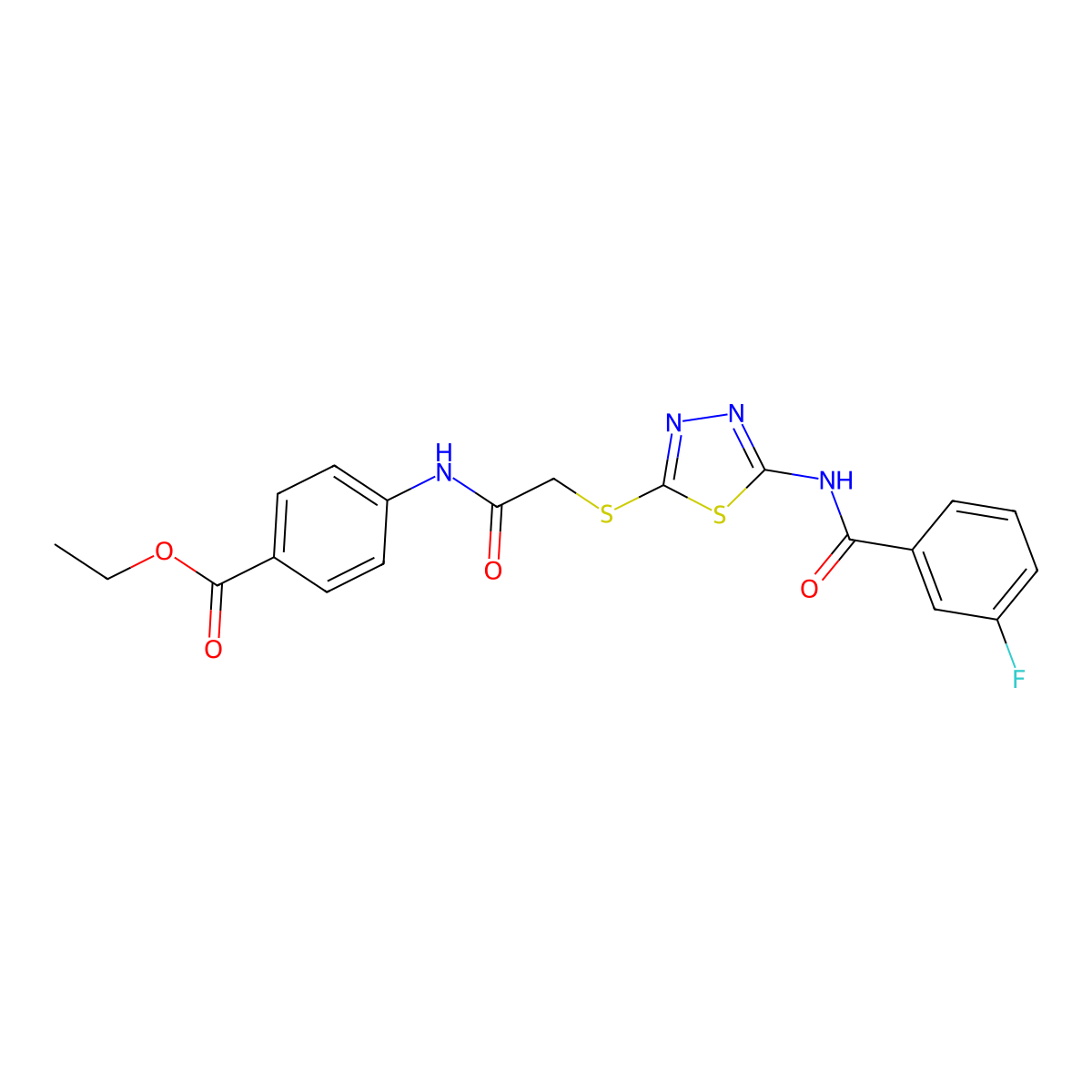 Ethyl 4-(2-((5-(3-fluorobenzamido)-1,3,4-thiadiazol-2-yl)thio)acetamido)benzoate molecular structure, CAS 392293-23-1