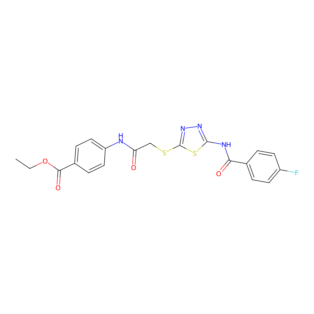 Ethyl 4-[[2-[[5-[(4-fluorobenzoyl)amino]-1,3,4-thiadiazol-2-yl]sulfanyl]acetyl]amino]benzoate molecular structure, CAS 392293-24-2