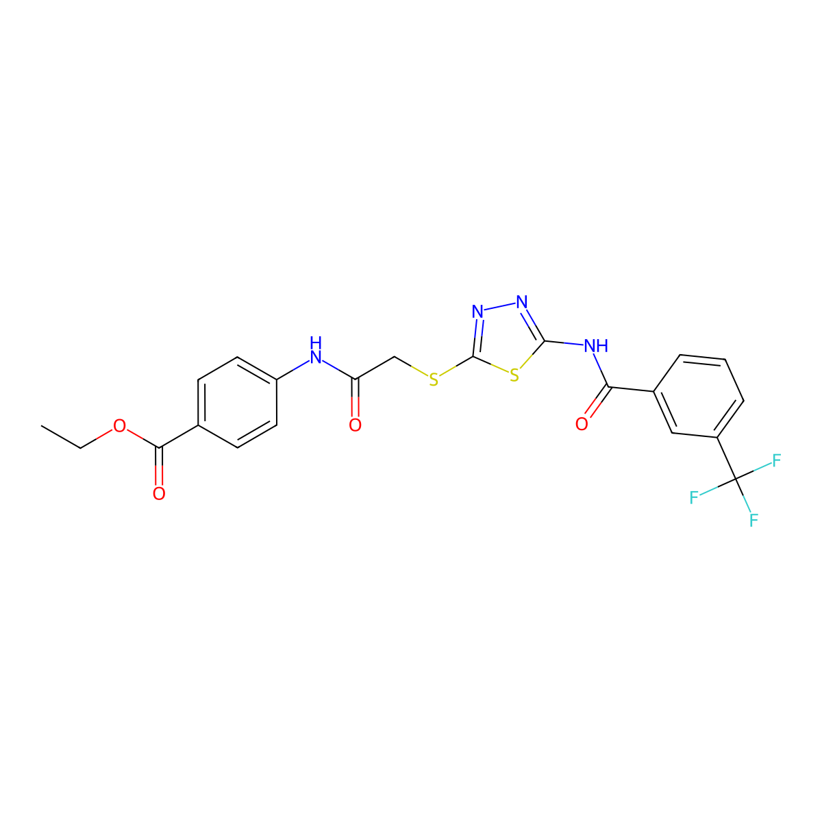 Ethyl 4-(2-((5-(3-(trifluoromethyl)benzamido)-1,3,4-thiadiazol-2-yl)thio)acetamido)benzoate molecular structure, CAS 392293-25-3