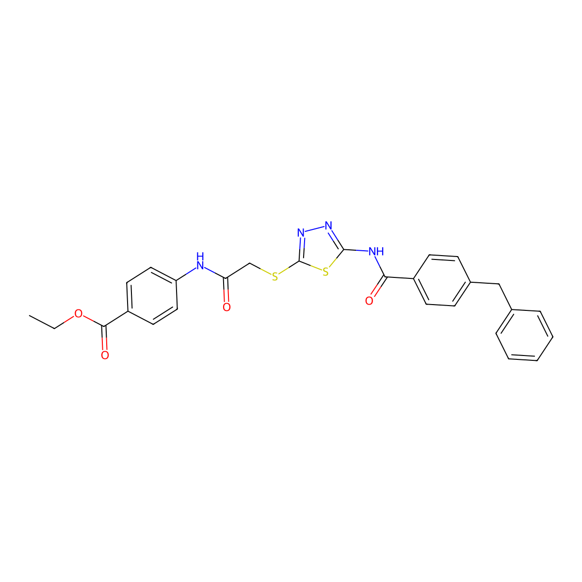 Ethyl 4-(2-((5-(4-benzylbenzamido)-1,3,4-thiadiazol-2-yl)thio)acetamido)benzoate molecular structure, CAS 392293-27-5