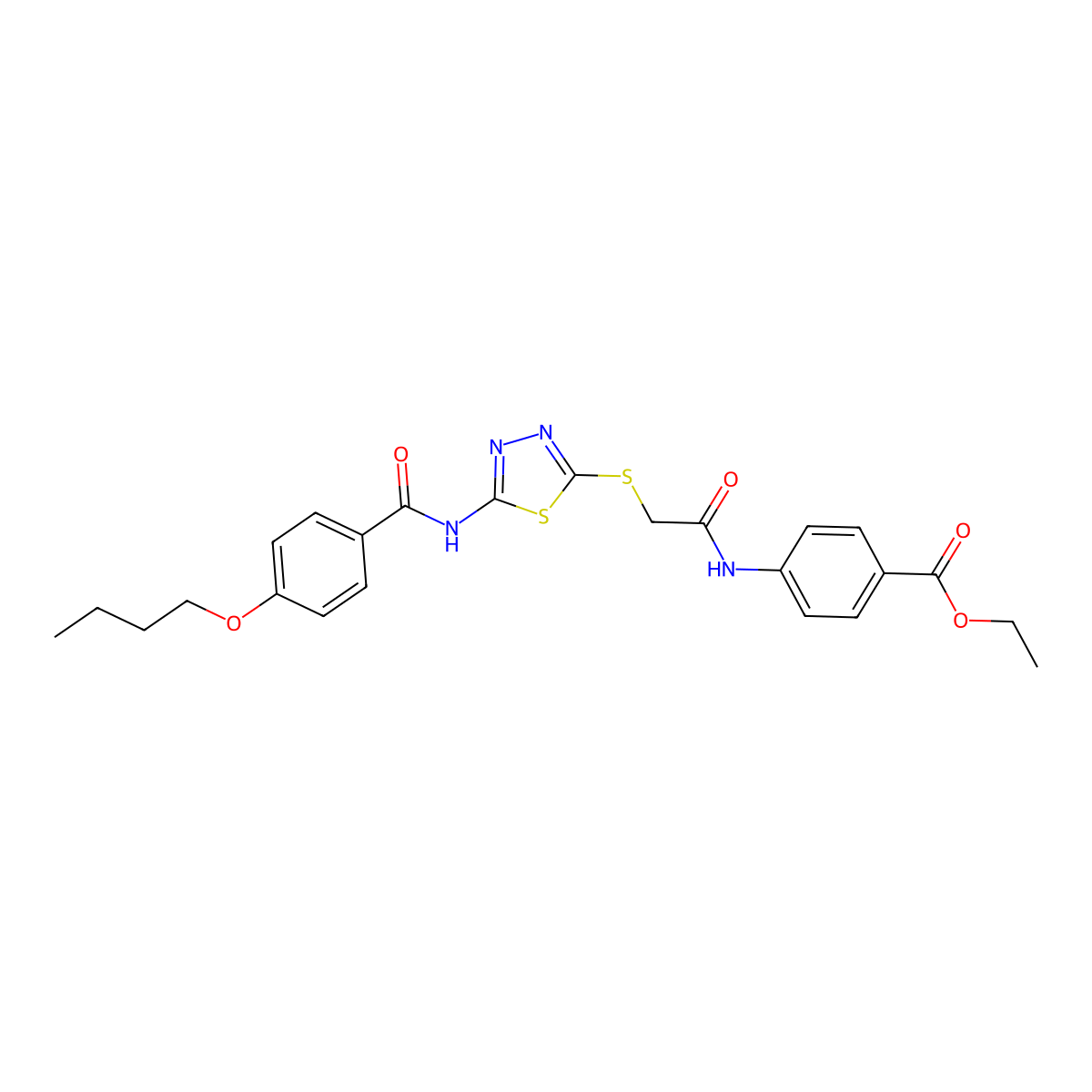 Ethyl 4-[[2-[[5-[(4-butoxybenzoyl)amino]-1,3,4-thiadiazol-2-yl]sulfanyl]acetyl]amino]benzoate molecular structure, CAS 392293-29-7