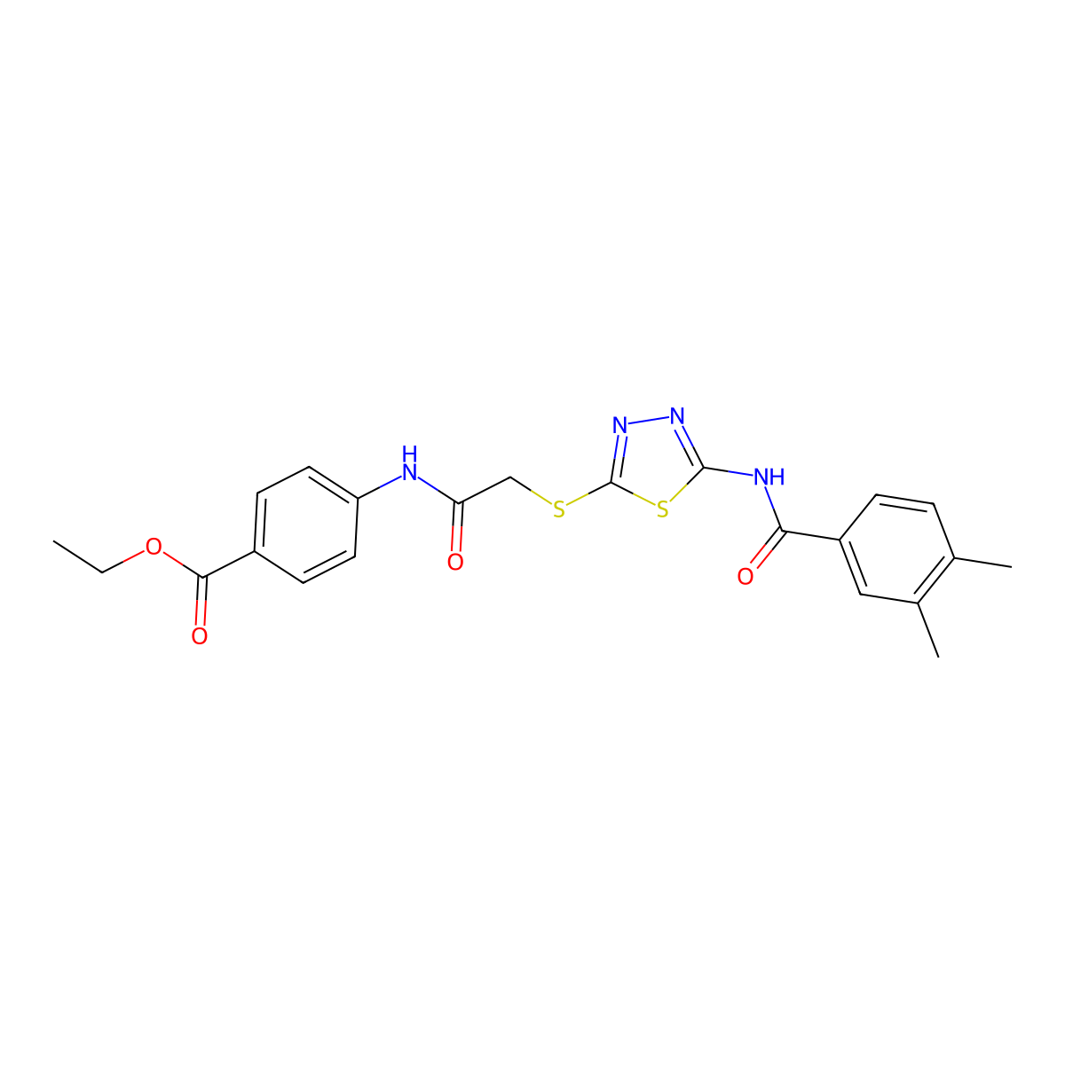 Ethyl 4-(2-((5-(3,4-dimethylbenzamido)-1,3,4-thiadiazol-2-yl)thio)acetamido)benzoate molecular structure, CAS 392293-30-0