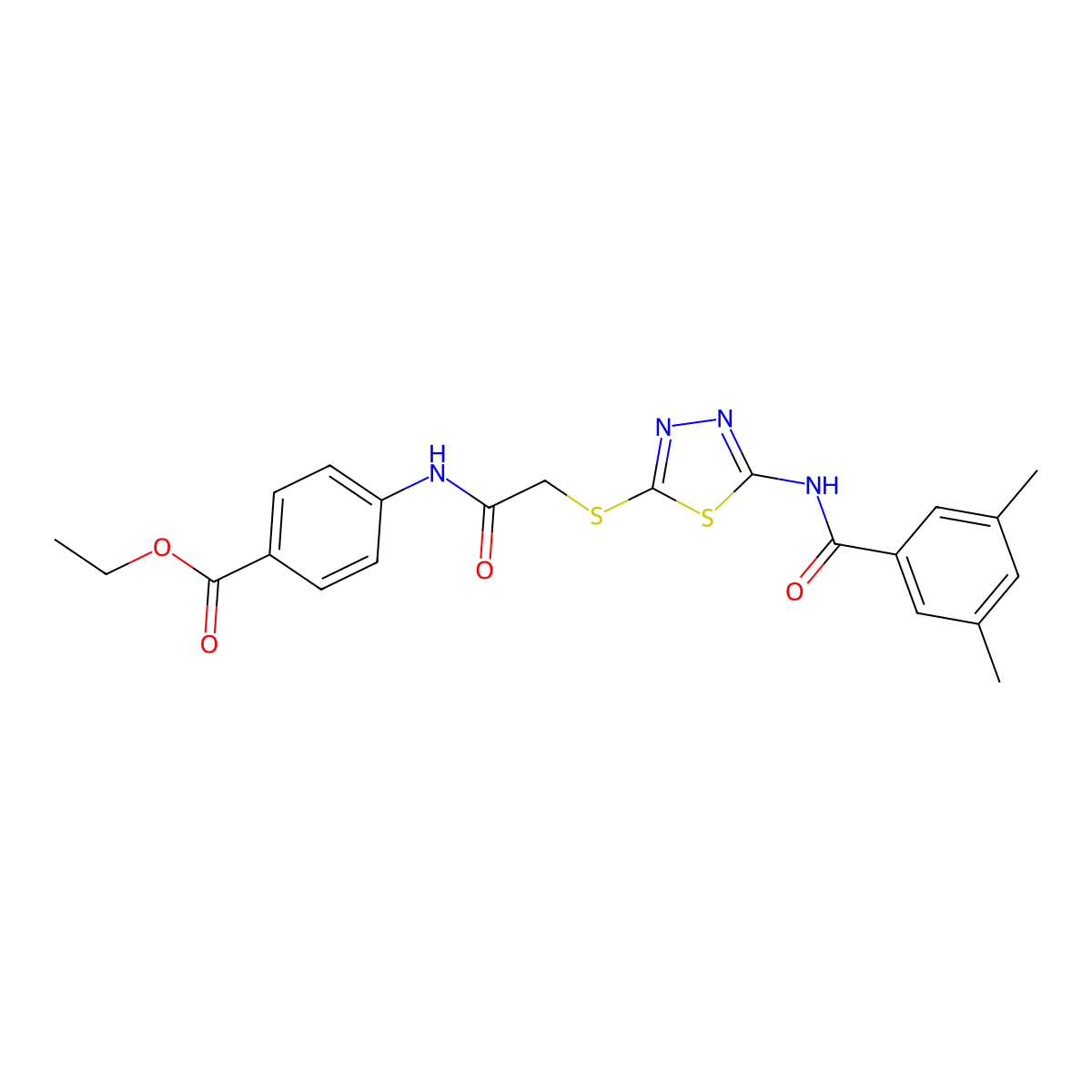 Ethyl 4-(2-((5-(3,5-dimethylbenzamido)-1,3,4-thiadiazol-2-yl)thio)acetamido)benzoate molecular structure, CAS 392293-31-1