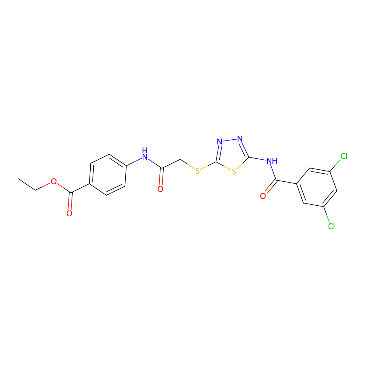 Ethyl 4-[[2-[[5-[(3,5-dichlorobenzoyl)amino]-1,3,4-thiadiazol-2-yl]sulfanyl]acetyl]amino]benzoate molecular structure, CAS 392293-32-2