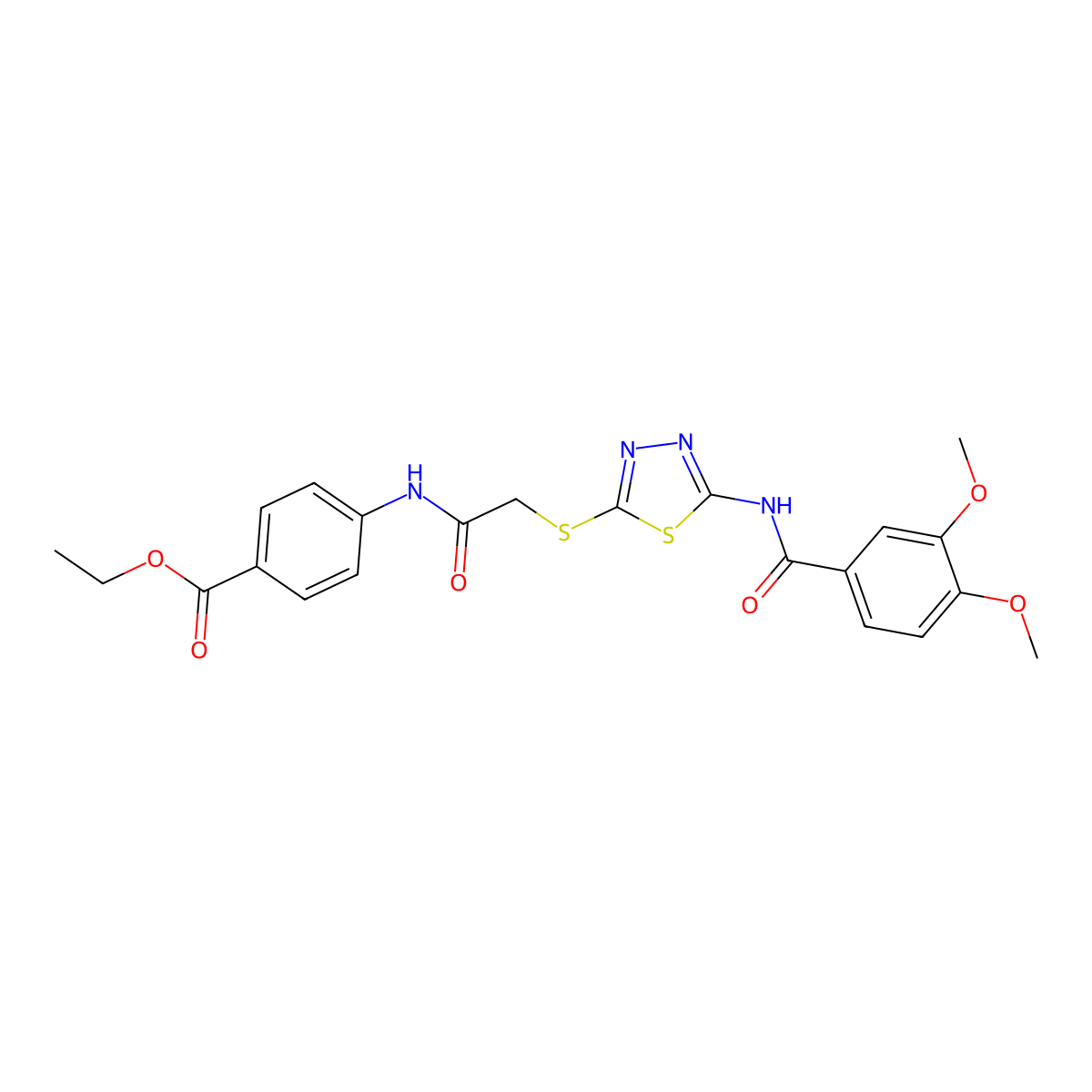 Ethyl 4-(2-((5-(3,4-dimethoxybenzamido)-1,3,4-thiadiazol-2-yl)thio)acetamido)benzoate molecular structure, CAS 392293-34-4