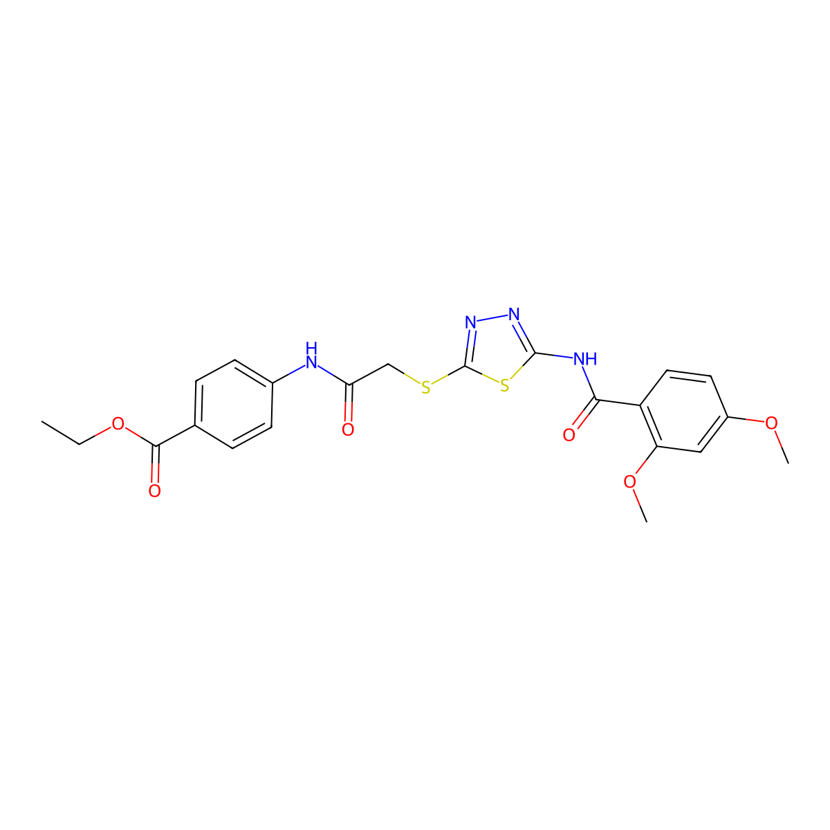 Ethyl 4-[[2-[[5-[(2,4-dimethoxybenzoyl)amino]-1,3,4-thiadiazol-2-yl]sulfanyl]acetyl]amino]benzoate molecular structure, CAS 392293-35-5