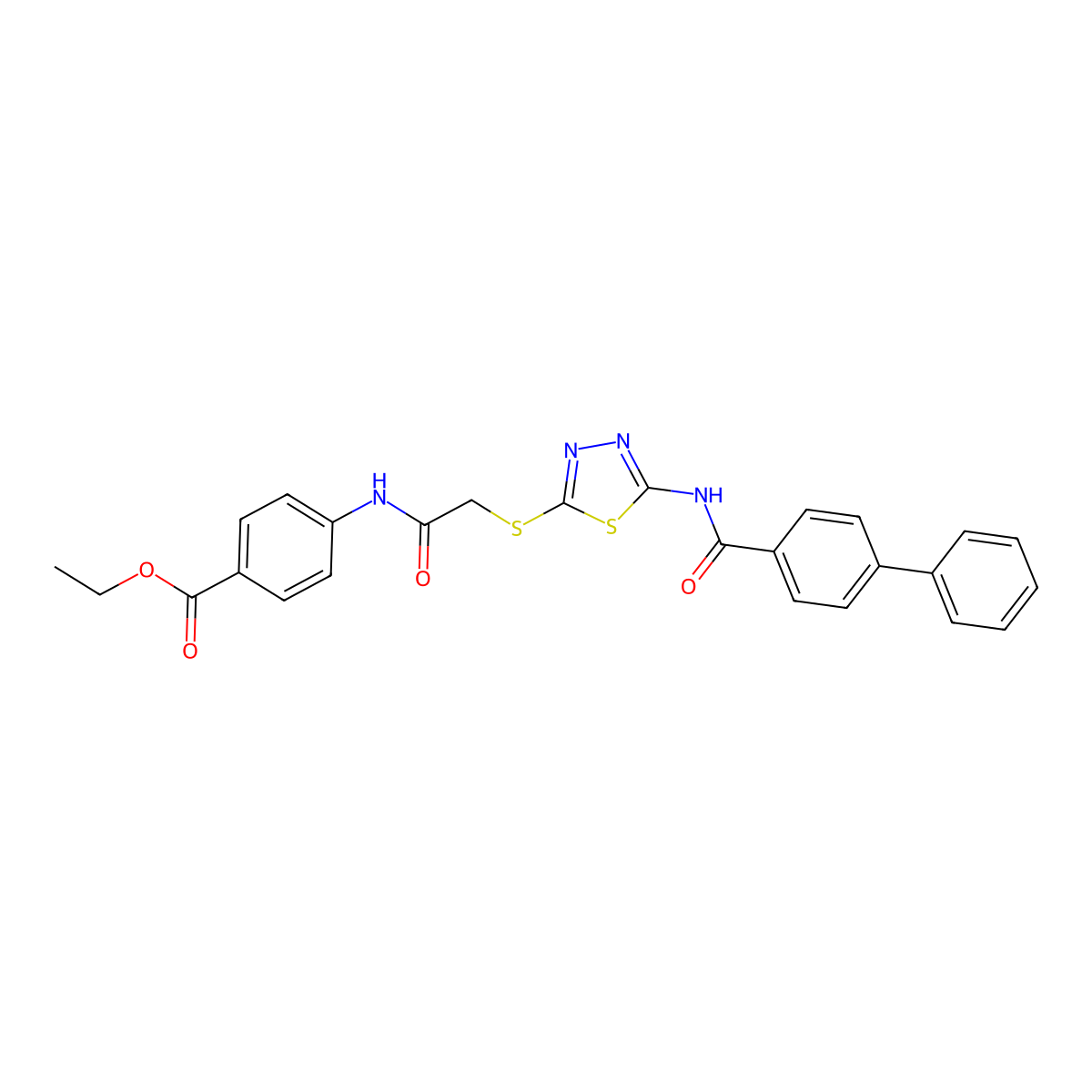 Ethyl 4-[[2-[[5-[(4-phenylbenzoyl)amino]-1,3,4-thiadiazol-2-yl]sulfanyl]acetyl]amino]benzoate molecular structure, CAS 392293-39-9