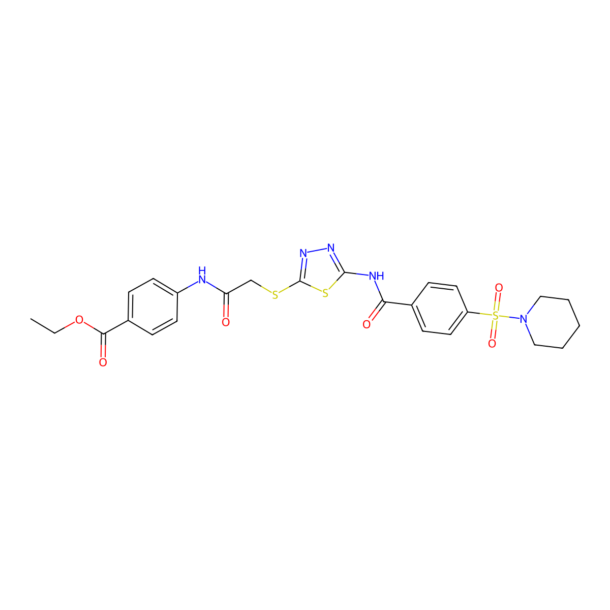Ethyl 4-(2-((5-(4-(piperidin-1-ylsulfonyl)benzamido)-1,3,4-thiadiazol-2-yl)thio)acetamido)benzoate molecular structure, CAS 392293-41-3