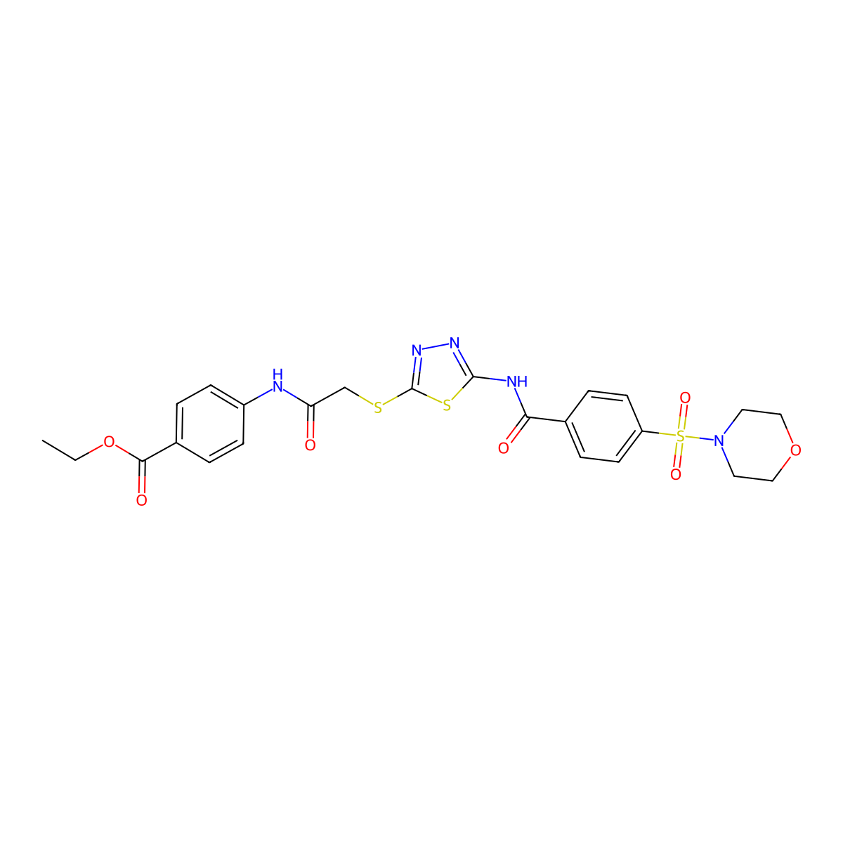 Ethyl 4-(2-((5-(4-(morpholinosulfonyl)benzamido)-1,3,4-thiadiazol-2-yl)thio)acetamido)benzoate molecular structure, CAS 392293-42-4