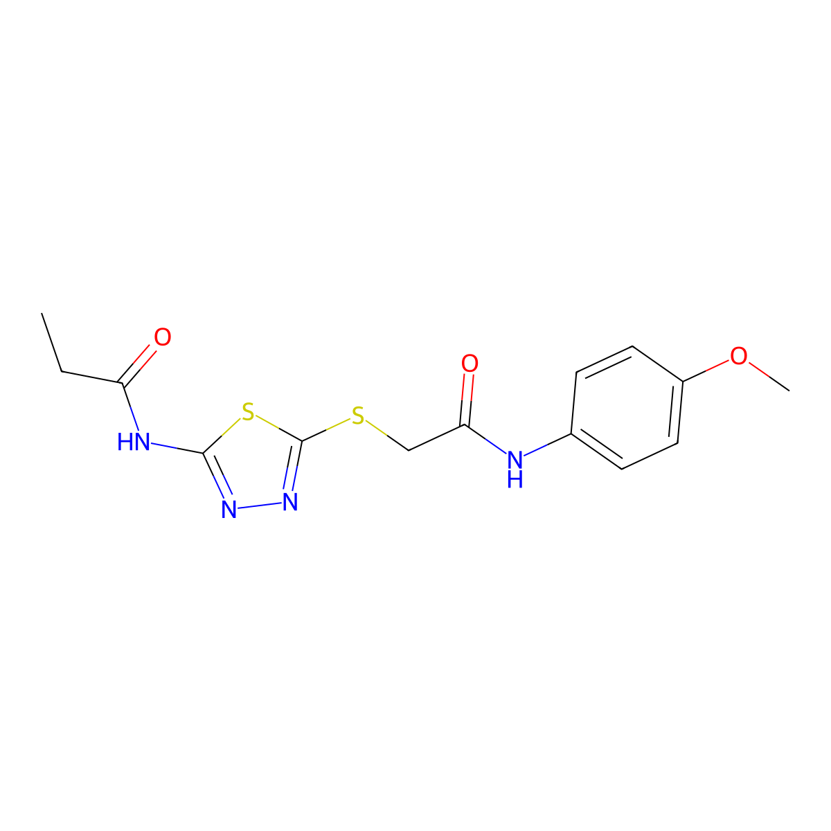 N-(5-((2-((4-methoxyphenyl)amino)-2-oxoethyl)thio)-1,3,4-thiadiazol-2-yl)propionamide molecular structure, CAS 392293-46-8