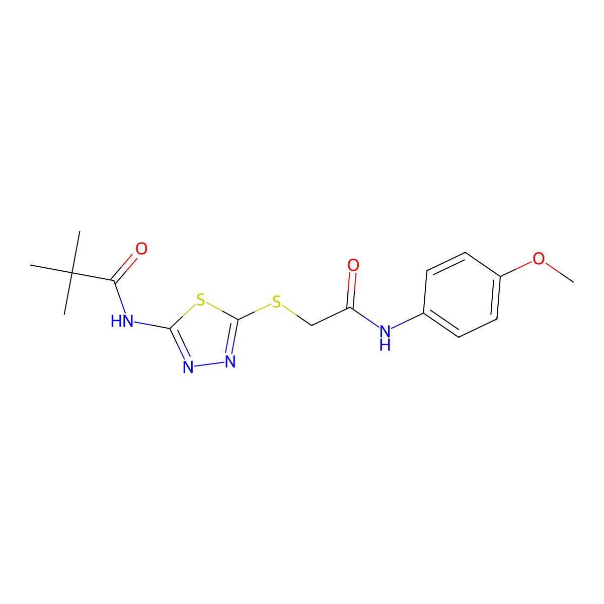 N-(5-((2-((4-methoxyphenyl)amino)-2-oxoethyl)thio)-1,3,4-thiadiazol-2-yl)pivalamide molecular structure, CAS 392293-47-9