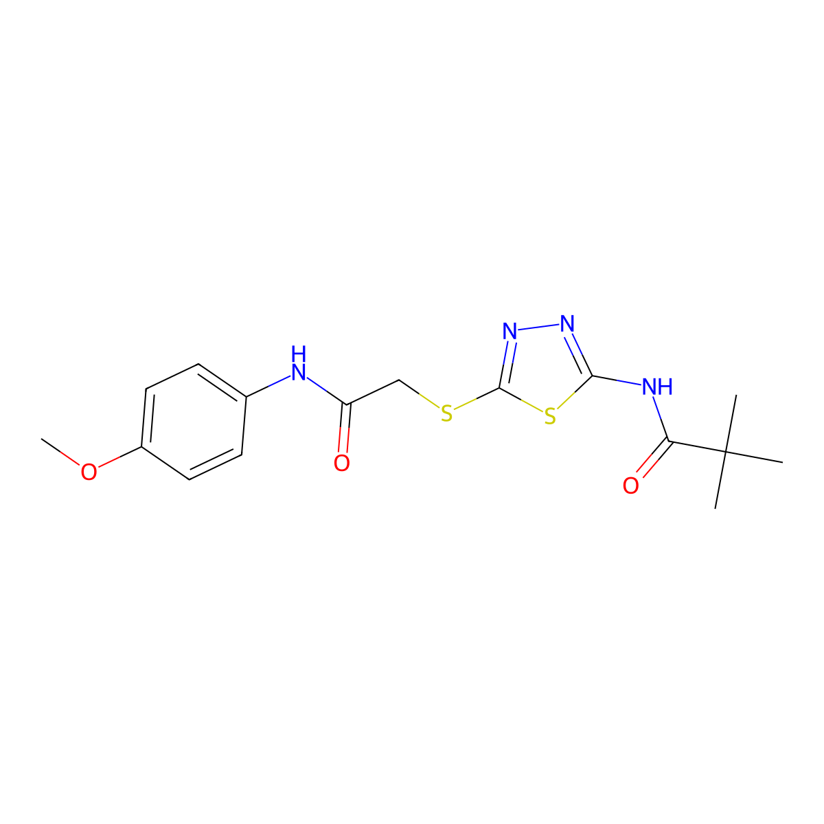 N-(5-((2-((4-methoxyphenyl)amino)-2-oxoethyl)thio)-1,3,4-thiadiazol-2-yl)pivalamide molecular structure, CAS 392293-47-9