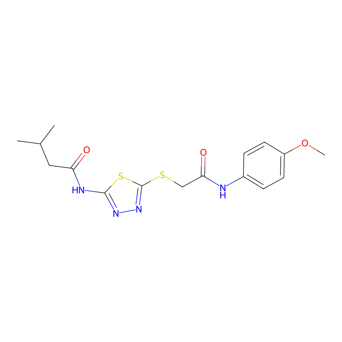 N-[5-[2-(4-methoxyanilino)-2-oxoethyl]sulfanyl-1,3,4-thiadiazol-2-yl]-3-methylbutanamide molecular structure, CAS 392293-52-6