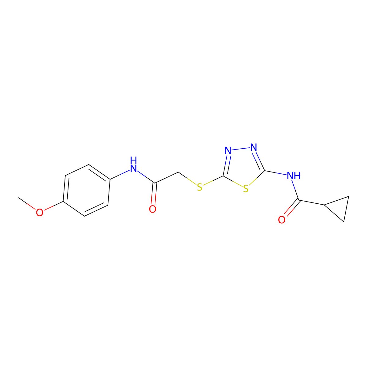 N-[5-[2-(4-methoxyanilino)-2-oxoethyl]sulfanyl-1,3,4-thiadiazol-2-yl]cyclopropanecarboxamide molecular structure, CAS 392293-59-3